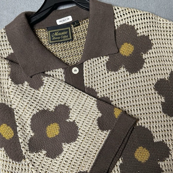 Massive Luxury Edition Sweater Mens Large Brown Tan Floral Knit Button Up Retro - Picture 1 of 8